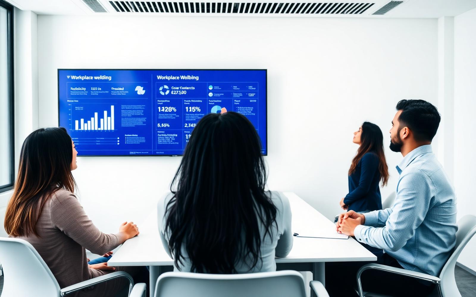 Equipe corporativa analisando indicadores de saúde mental e riscos psicossociais